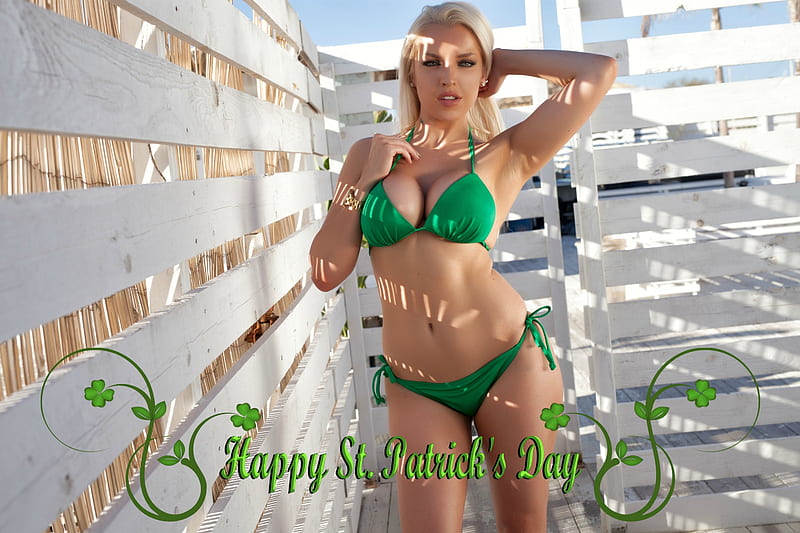 Happy St. Patrick's Day, blonde, model, green, bikini, HD wallpaper