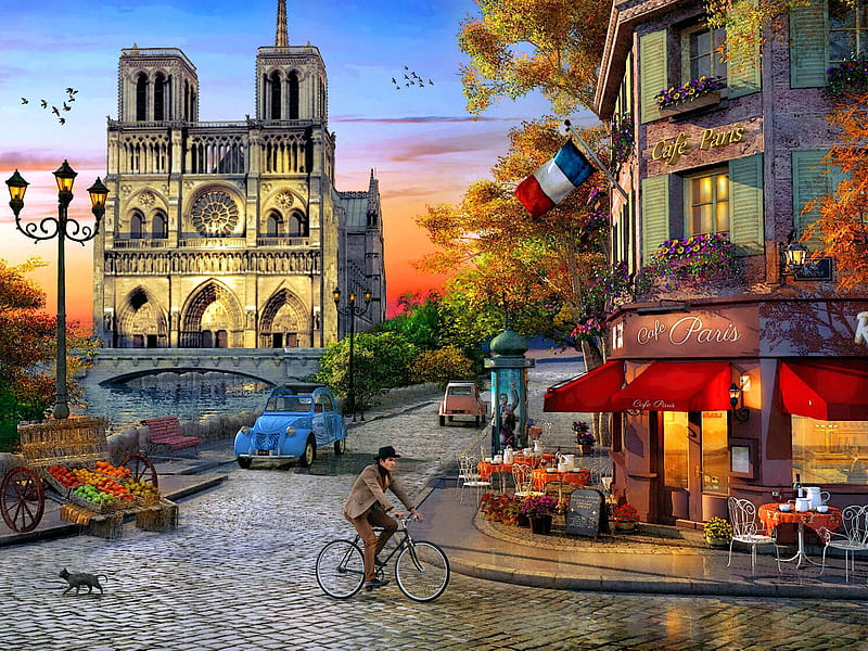 Notre Dame Sunset, house, car, people, bicycle, paris, church, street, cathedral, artwork, digital, HD wallpaper