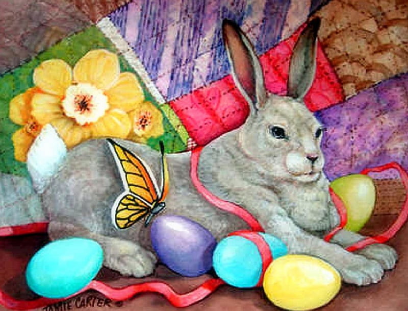 Bunny & Flutter, pretty, rabbit, lovely, colors, love four seasons, easter, spring, cute, flutter, paintings, butterfly, eggs, bunny, butterfly designs, animals, HD wallpaper