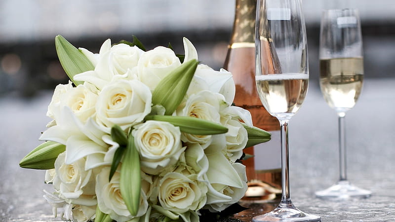 Pink Champagne, Celebration, Pink, Stemware, Bottle, Toast, White Roses, Champagne Glass, HD wallpaper