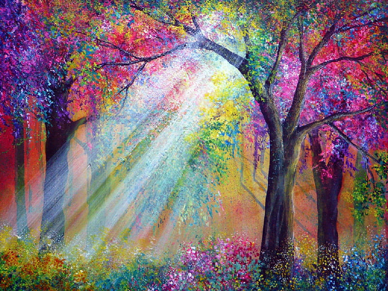 Beauty of Elation, love four seasons, bonito, attractions in dreams, creative pre-made, most ed, trees, paintings, psicodelia, acrylic on canvas, nature, sunshine, forests, sunbeam, traditional art, HD wallpaper