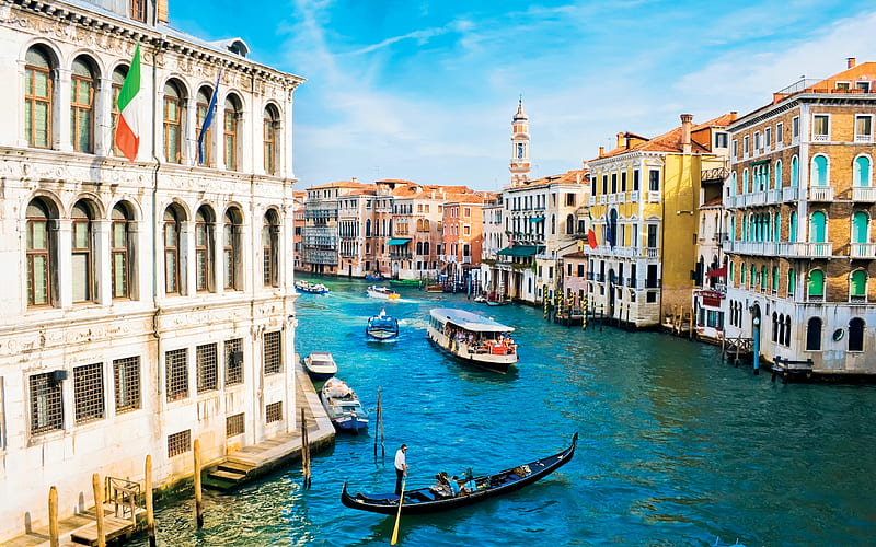 Venice, architecture, house, chanels, clouds, boat, italia, boats, beauty, italy, lovely, romance, houses, buildings, sky, beautiful place, water, history, world, canal, bonito, gondolas, waterway, sea, city, flags, blue, gondolieri, romantic, view, colors, flag, canals, peaceful, nature, water travel, gondola, HD wallpaper