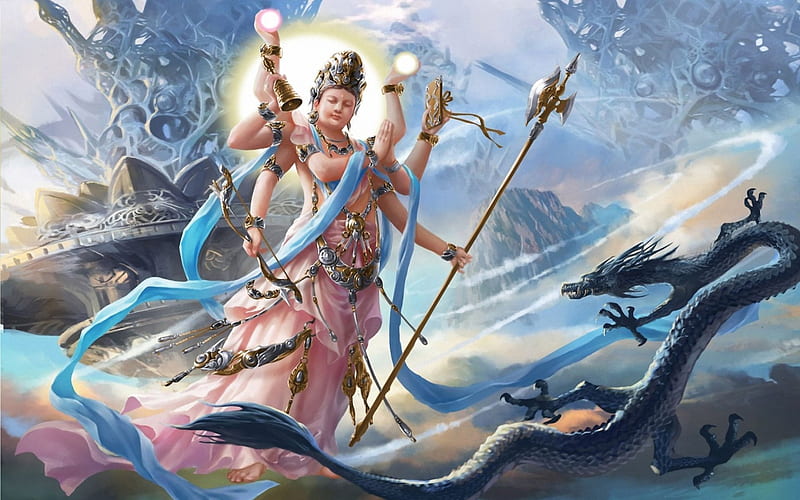 Vishnu, fantasy, dragon, mythology, goddess, HD wallpaper