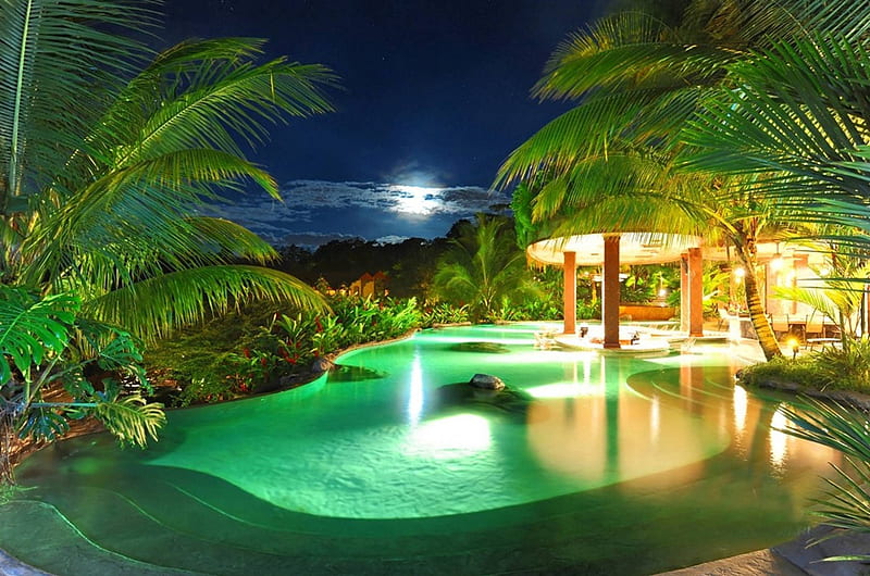 Moonlit Green Lagoon Pool, resort, lit, bonito, villa, lights, moon, green, evening, light, luxury, night, hotel, exotic, islands, pool, paradise, spa, moonlight, jacuzzi, island, tropical, HD wallpaper