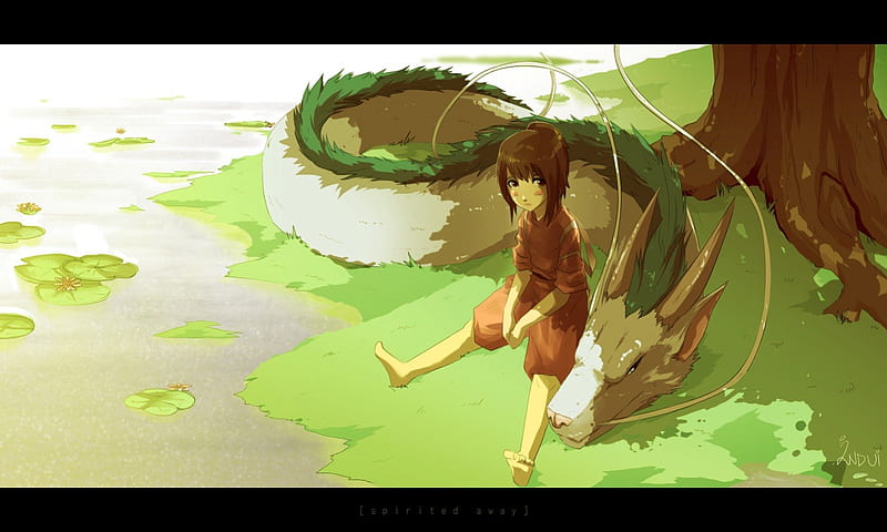 Pensive & Resting, chihiro, dragon, grass, haku, HD wallpaper