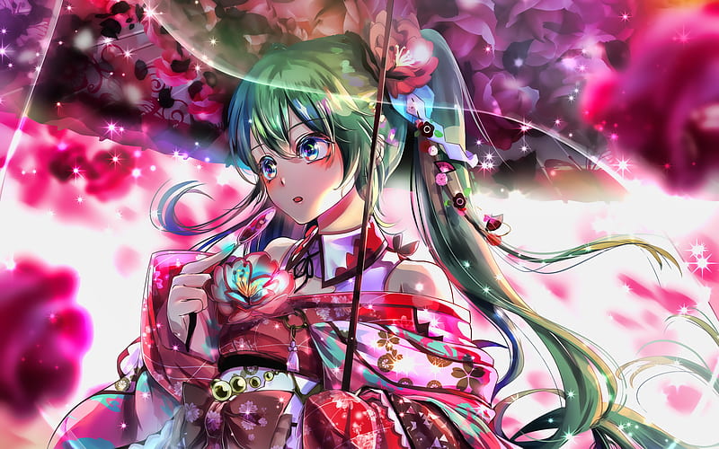 Hatsune Miku, abstract art, Vocaloid Characters, manga, artwork, Vocaloid, kimono, Miku Hatsune, HD wallpaper