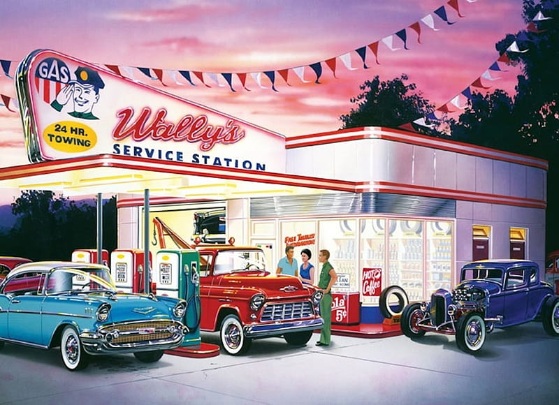 Wally's Service Station, carros, service, fuel, hotrod, painting, station, vintage, gas, HD wallpaper
