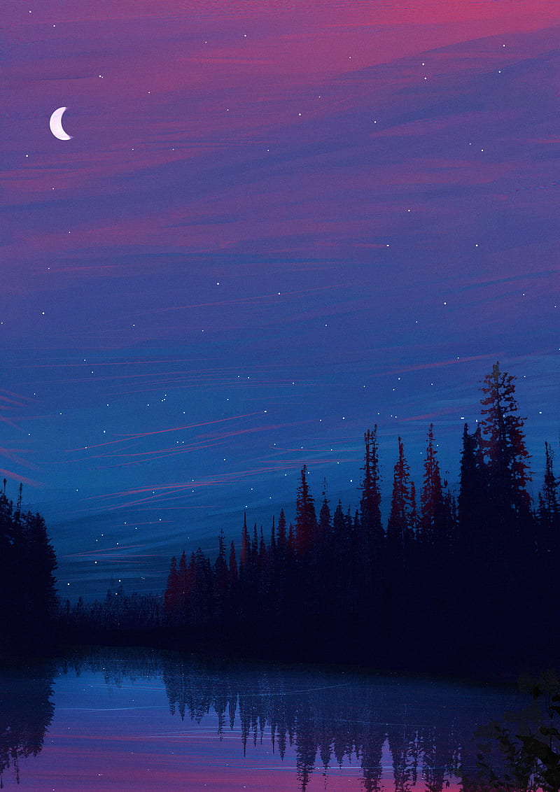 lake, night, starry sky, landscape, art, HD phone wallpaper