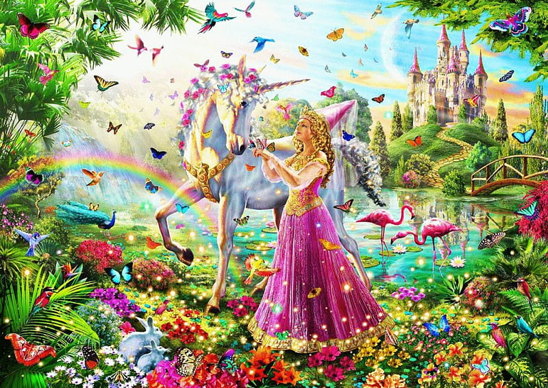 Princess with Unicorn, birds, flowers, blossoms, butterflies, castle, artwork, HD wallpaper