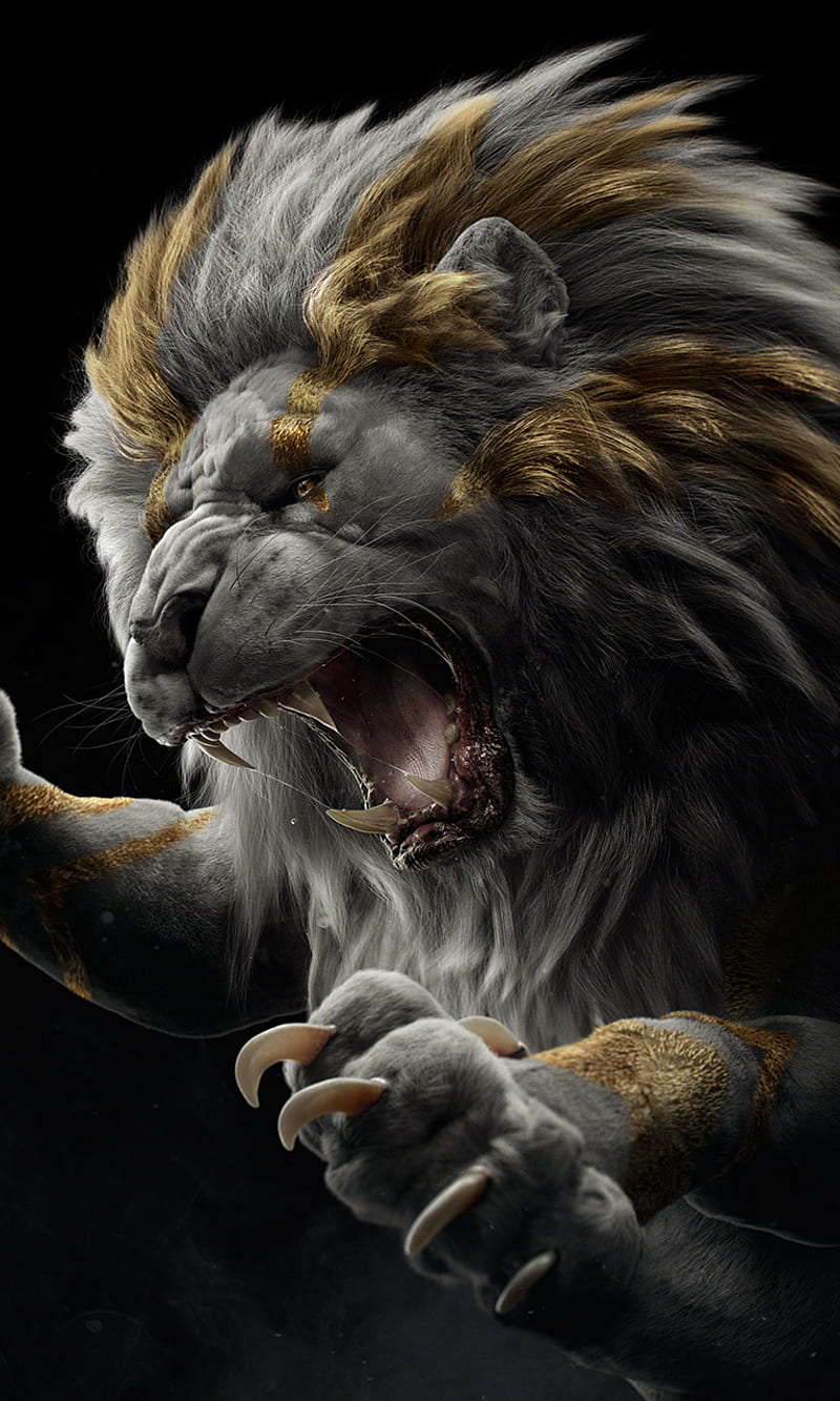lion, golden lions, run, attack, art, face, angry, roaring, HD phone wallpaper