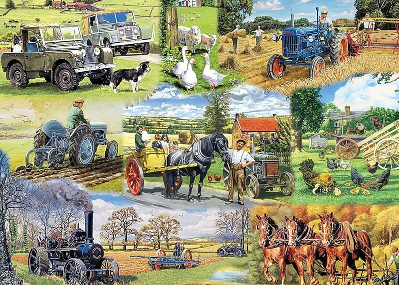 Legends of Agriculture, machines, poultry, tractors, steam, artwork, horses, dog, HD wallpaper