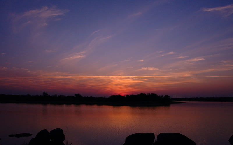 Sunset over Pioneer dam, mopani, sun, pioneer, kruger park, sunset, dam, kruger, south africa, HD wallpaper