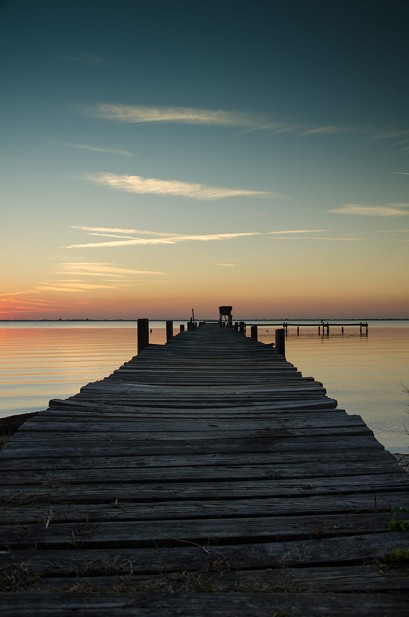 pier, sea, sunset, horizon, sky, HD phone wallpaper