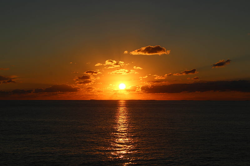 sunset, horizon, lens flare, clouds, HD wallpaper