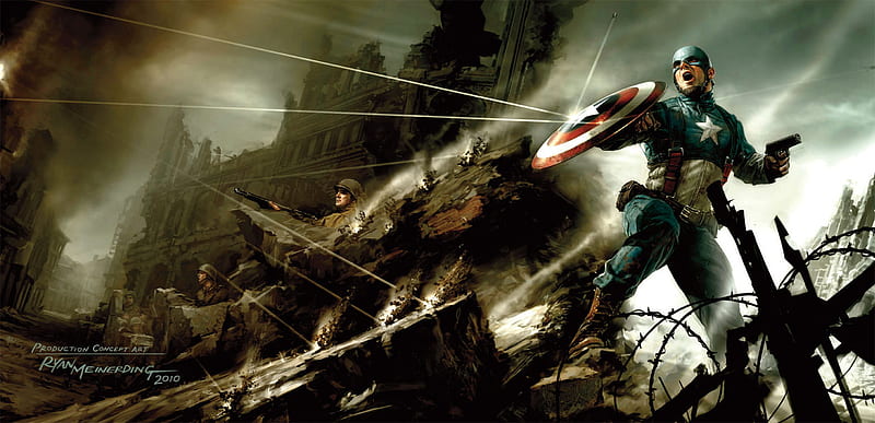 captain america, weapons, bullets, soldier, buildings, smoke, barbed wire, HD wallpaper