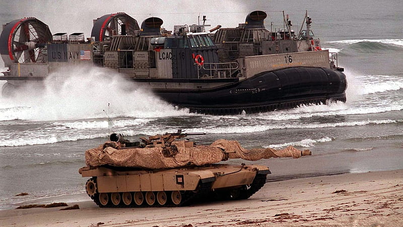 A Safe Beach Landing, battle tank, general creighton abrams, fire power, power, army, bonito, hovercraft, abrams, beach, m1, united states, modern, tank, big, military, us navy, heavily armored, fast, m1a2, armor, highly mobile, main battle tank, m1a1, modern warfare, awesome, heavy, lcac, hop, marine corps, HD wallpaper