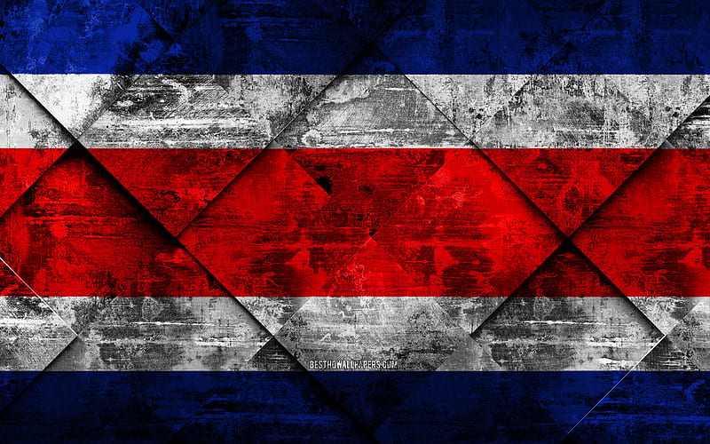 Flag of Costa Rica grunge art, rhombus grunge texture, Costa Rica flag, North America, national symbols, Costa Rica, creative art, HD wallpaper