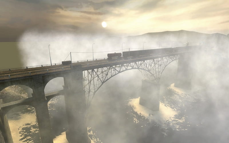 railway bridge in morning fog, morning, train, bridge, fog, HD wallpaper