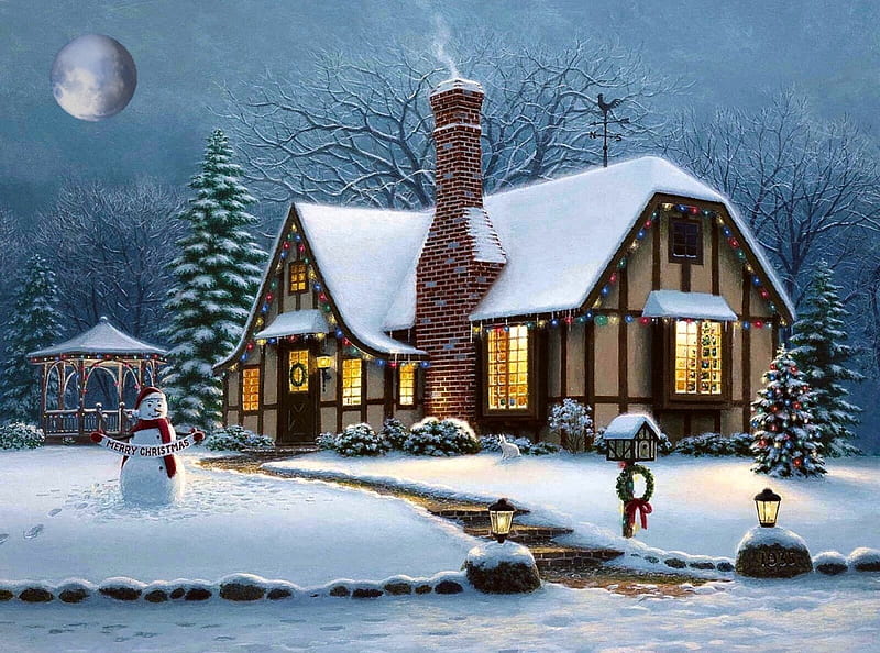 Another Christmas, pretty, Homes, warm, house, christmas, snowman, winter, Cozy, moon, snow, Lights, gazebo, HD wallpaper