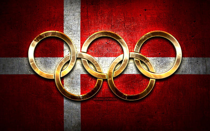 Danish olympic team, golden olympic rings, Denmark at the Olympics, creative, Danish flag, metal background, Denmark Olympic Team, flag of Denmark, HD wallpaper