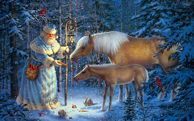 Saint Nicholas, sanit nickolas, snow, vintage, horses, HD wallpaper