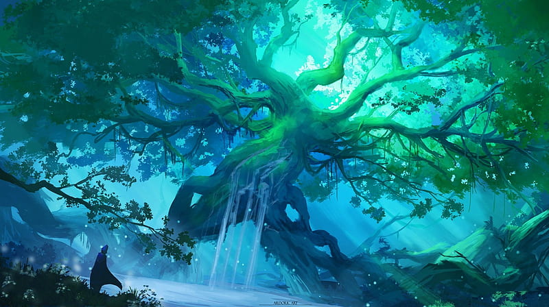 The core of the grove, mart, fantasy, tree, luminos, green, grove, ardoricart, blue, water, HD wallpaper