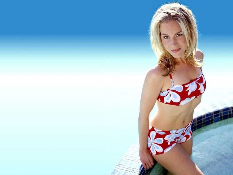 Julie Benz, blonde, flower design, bikini shorts, bikini, leaning in swimming pool, HD wallpaper