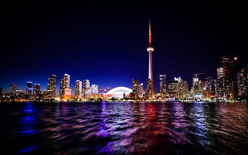 Toronto, CN Tower, nightscapes, skyscrapers, Canada, HD wallpaper