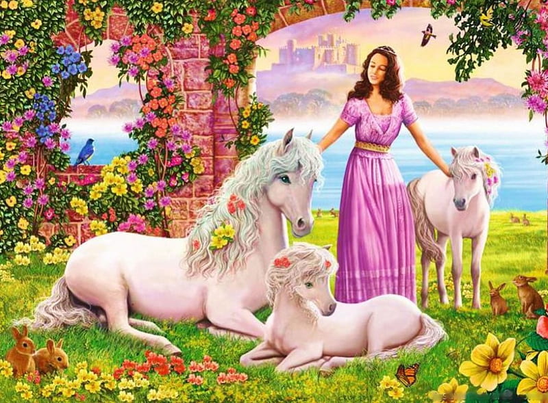 Princess and Unicorns, birds, woman, wall, artwork, horses, paradise, rabbits, flowers, cades, HD wallpaper