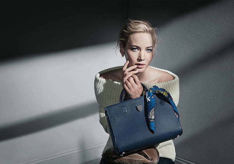 Jennifer Lawrence, model, bag, purse, woman, girl, dior, actress, white, blue, HD wallpaper