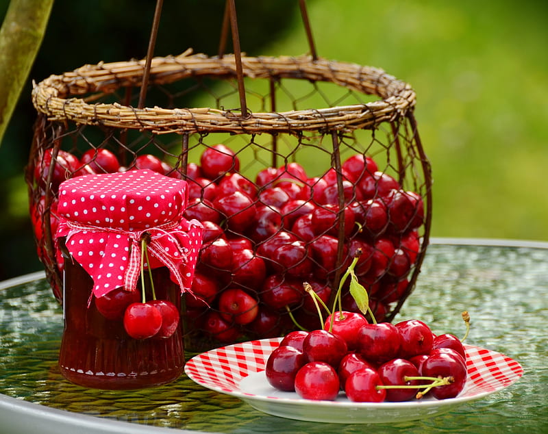 Cooking Cherry Jam Ultra, Food and Drink, Spring, Cherry, Basket, Table, Fruits, Fresh, Outdoor, Season, Plate, Sweet, delicious, Cherries, dessert, homemade, picking, HD wallpaper