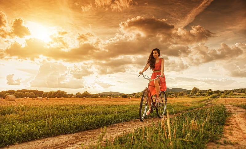 Beauty, female, bicycle, sunset, woman, sunrays, splendor, path, bike, road, lady, HD wallpaper