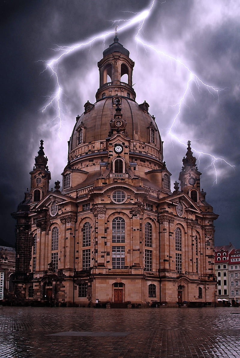 Architecture Thunder, architecture, church, dresden frauenkirche, germany, lightning, rain, thunder, wet, thunderbolt, night, HD phone wallpaper