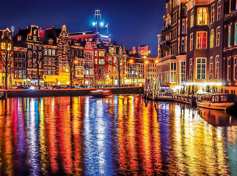 Amsterdam at Autumn Night, netherlands, city, colors, reflections, lights, harbor, HD wallpaper