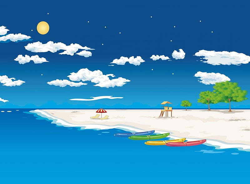 Beach Night, beach, moon, boats, deck chairs, trees, HD wallpaper