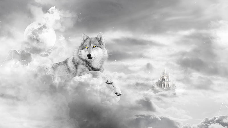Wolf Realm, moon, black and white, wolf, castle, silver, realm, HD wallpaper