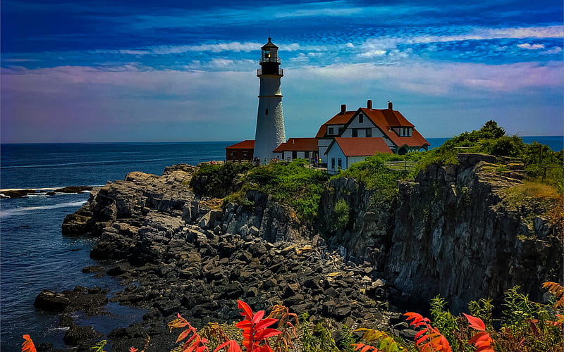 Portland Head Light, lighthouse, Cape Elizabeth, Gulf of Maine, coast, North Atlantic Ocean, seascape, USA, HD wallpaper