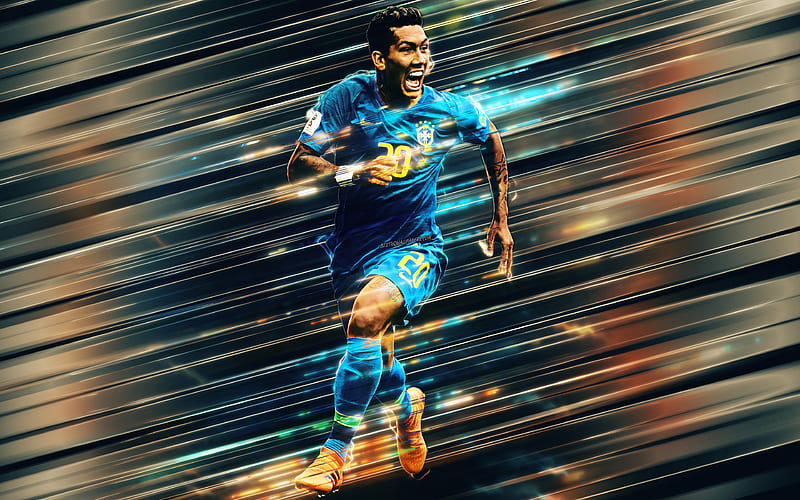Roberto Firmino attacking midfielder, striker, Brazil national football team, Brazilian footballer, Brazil, blue background, football, Firmino, HD wallpaper