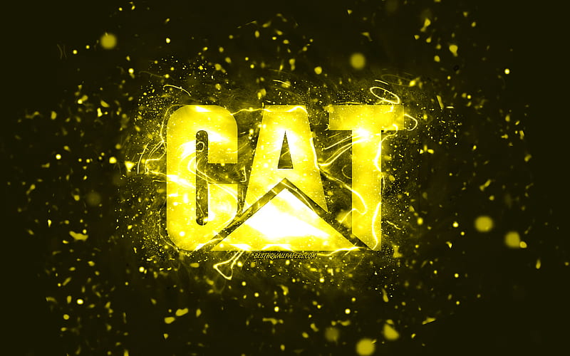 Caterpillar yellow logo, , CaT, yellow neon lights, creative, yellow abstract background, Caterpillar logo, CaT logo, brands, Caterpillar, HD wallpaper
