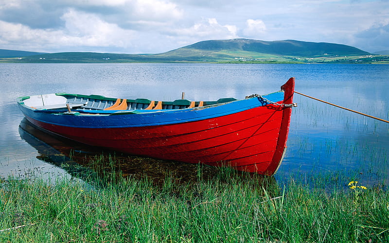 Irish Red, rowboat, ennis, boat, red boat, lake, HD wallpaper