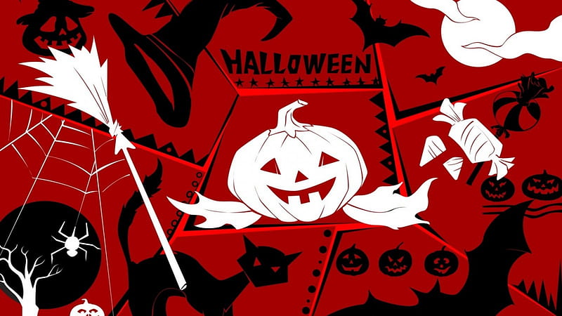 Halloween Wall paper, red, halloween, jack o lantern, black, fun, broom, spooky, black cat white, HD wallpaper