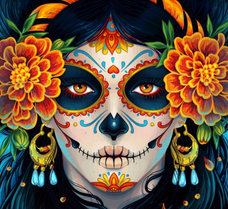 Catrina, face, calavera, sugar skull, luminos, orange, halloween, dia de los muertos, maria dimova, fantasy, girl, flower, blue, HD wallpaper