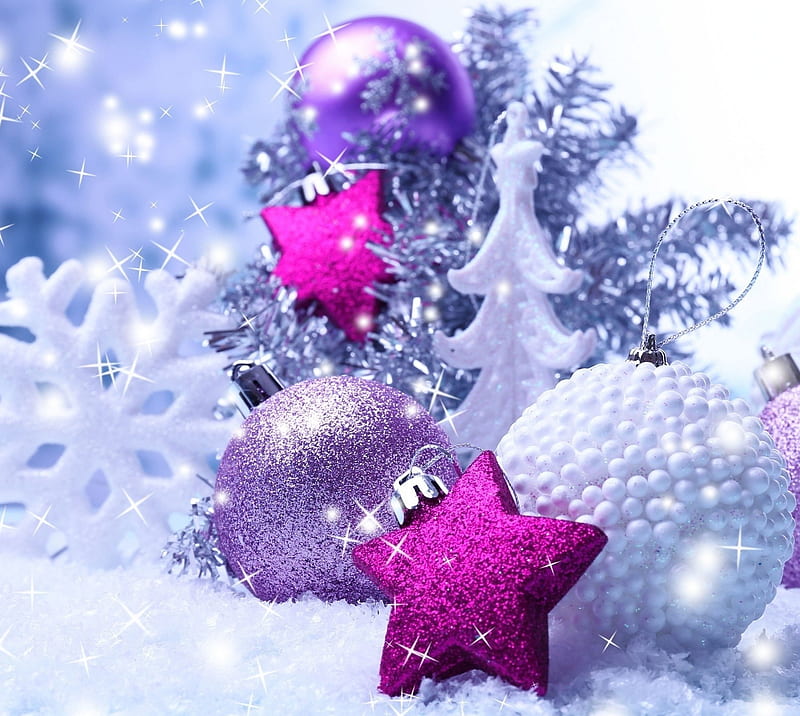 Christmas decoration, baubles, decorations, snow, stars, HD wallpaper