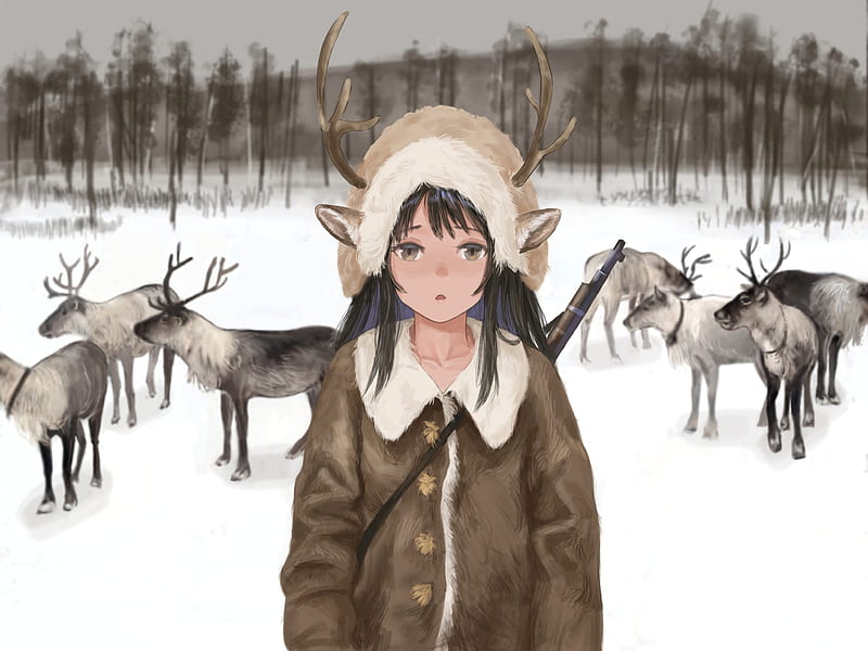 Girl, deer, horns, gun, anime, art, HD wallpaper | Peakpx