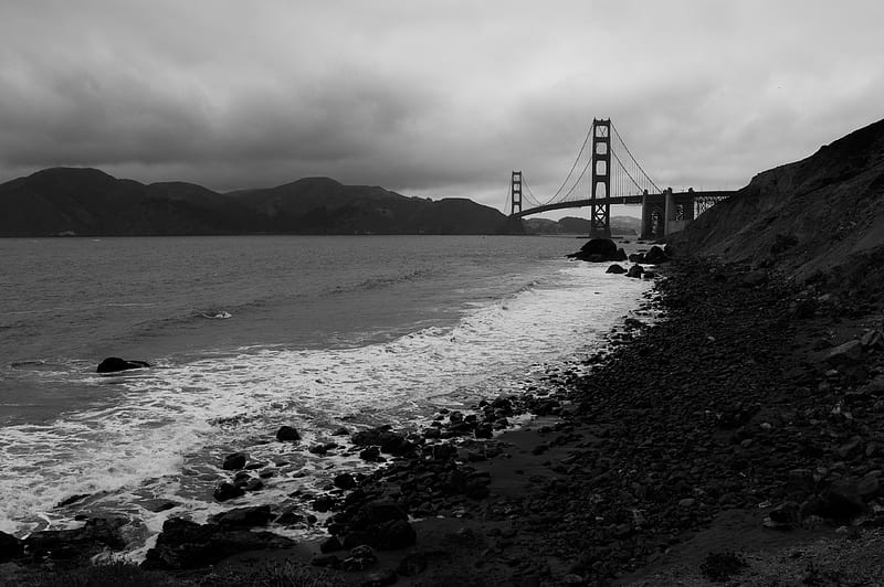 coast, sea, bridge, black and white, HD wallpaper