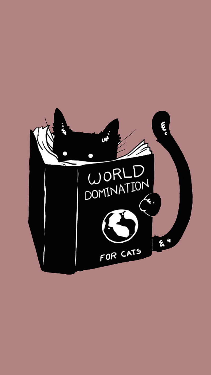 World Domination, animals, black, books, cats, drawings, HD phone wallpaper