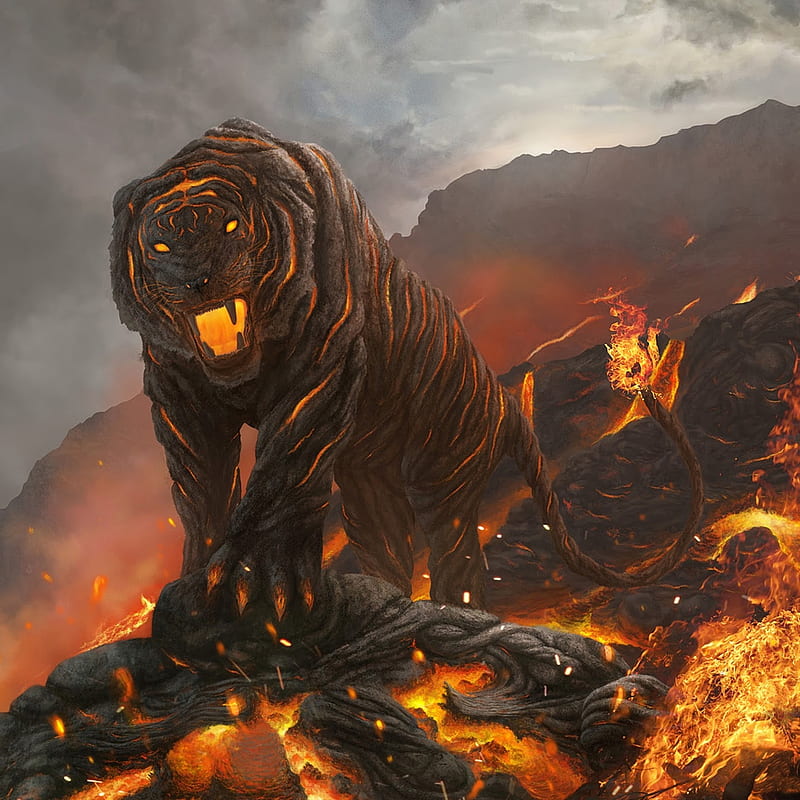 Fire Tiger, cat, flame, lava, volcano, HD phone wallpaper