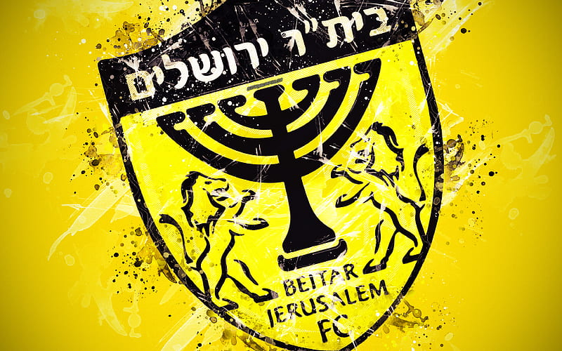Beitar Jerusalem FC, paint art, logo, creative, Israeli football team, Israeli Premier League, Ligat HaAl, emblem, yellow background, grunge style, Jerusalem, Israel, football, HD wallpaper