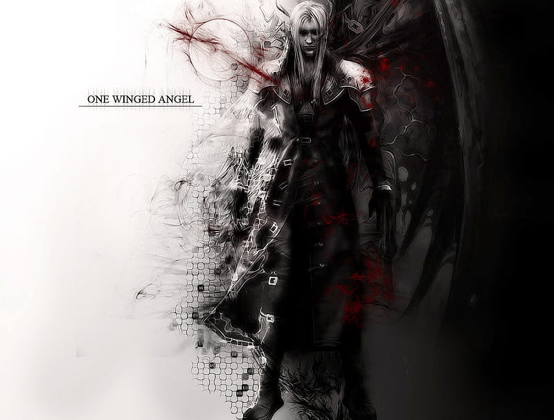 One Winged Angel, ff7, ffvii, games, final fantasy 7, white hair, video games, white background, shoulder guard, final fantasy series, anime, long hair, sephiroth, wings, male, final fantasy dissidia, advent children, final fantasy vii, trench coat, cool, lone, black background, dark, dissidia, armour, HD wallpaper