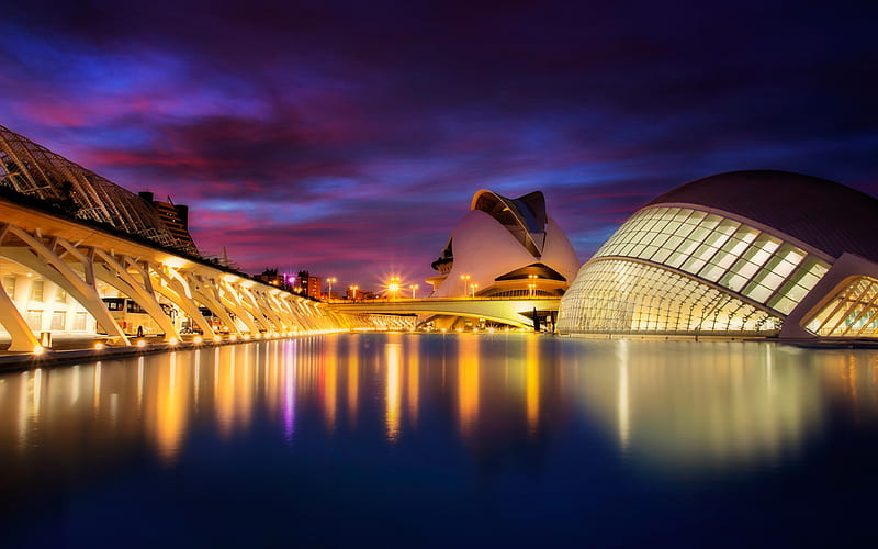 City of Arts and Sciences, Valencia, Spain, Water, Reflection, Modern, Sky, Clouds, Architecture, Lights, HD wallpaper